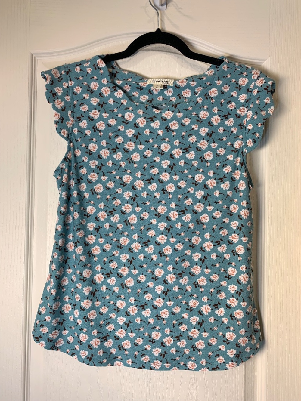 Monteau Floral Scalloped Sleeve Top Teal Size L Cottage Romantic Feminine Office